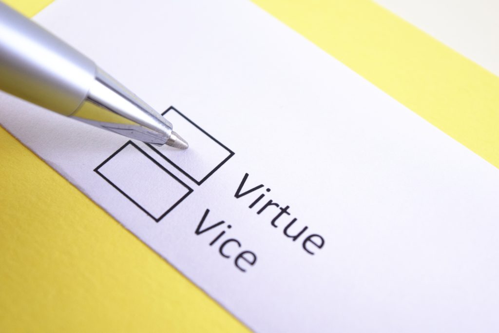 pen, 2 boxes to check, vice or virtue Virtue: A Step in Growing Spiritually in the Lord