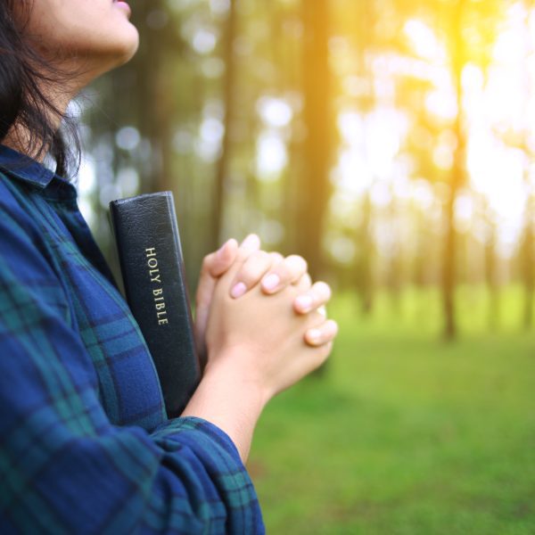 sun shiny day in background outside, woman holding Bible and praying 5 Things Prayer Does in the Life of a Christian: Matthew 6:9-13