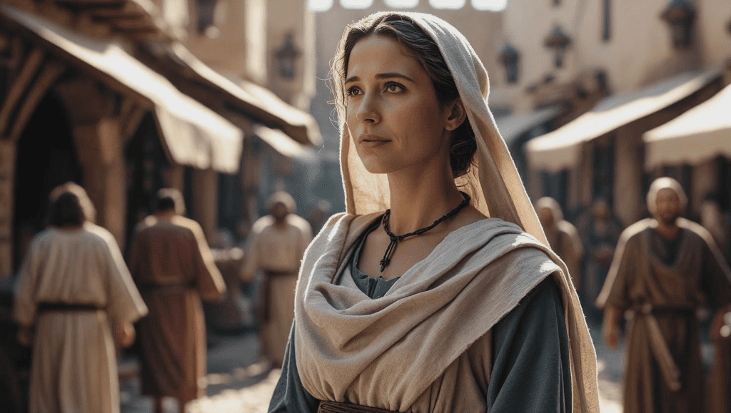 Biblical women with city in background. Redeemed Women in the Bible